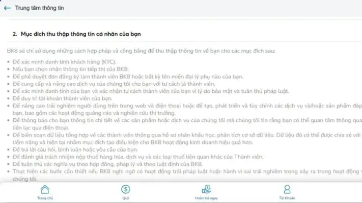 Chính sách bảo mật BK8 về thu thập thông tin