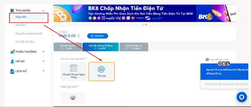 Nạp tiền thẻ cào tại BK8