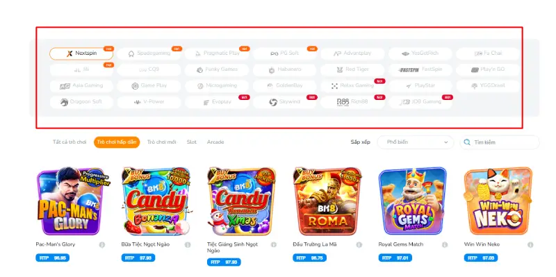 Nhiều nhà cung cấp game nổ hũ tại BK8