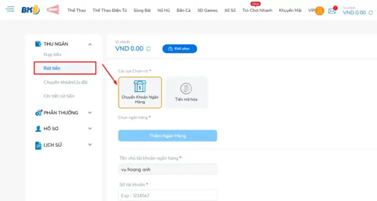 Rút tiền BK8 bằng chuyển tài khoản ngân hàng